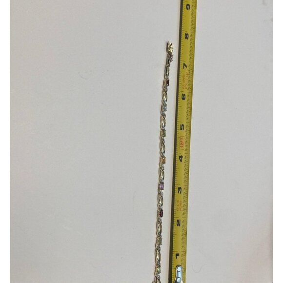 Vermeil Silver Multi-Gemstone Link Gold Color Bracelet With Secure Clasp - Picture 8 of 9